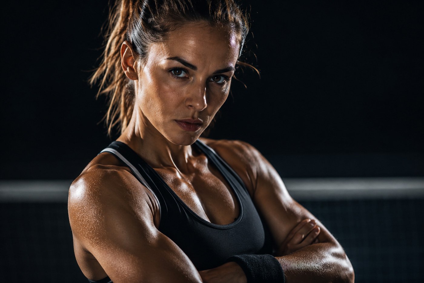Eine athletische Frau mit schwarzem Tanktop und verschränkten Armen vor einem dunklen Hintergrund.