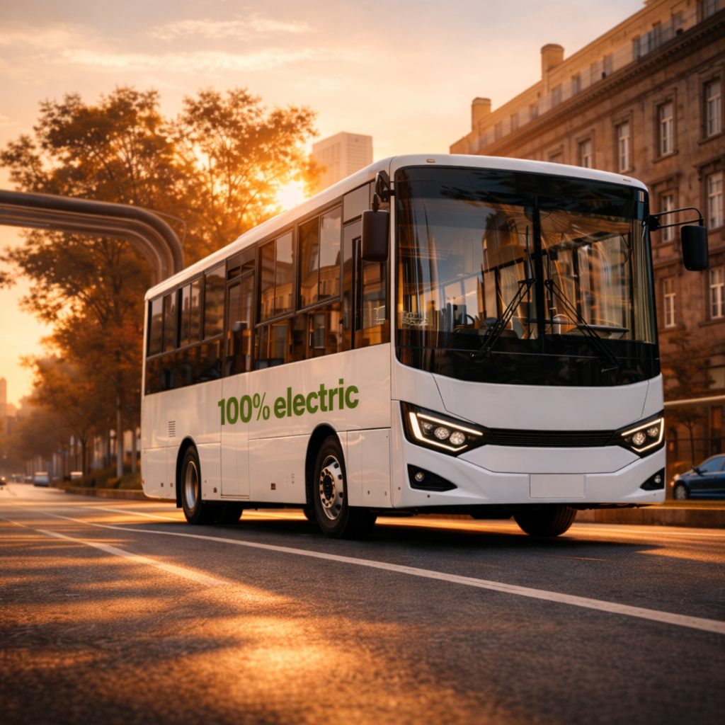 A white electric bus with '100% electric' written on its side, driving through a city street at sunset.