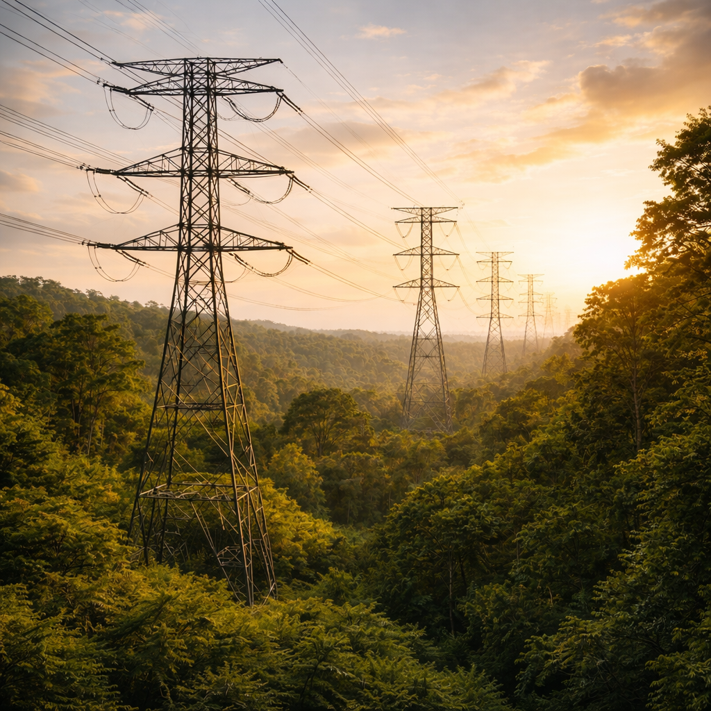 Transmission towers stretch across a lush green forest at sunset with a partly cloudy sky.