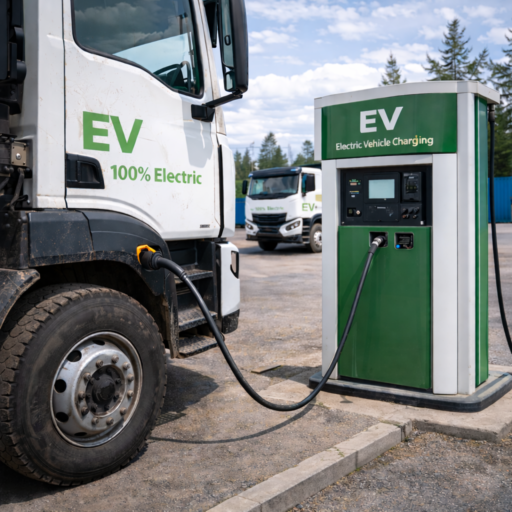 A white electric truck connected to a green electric vehicle charging station labeled 'EV' and 'Electric Vehicle Charging' in an outdoor parking lot.