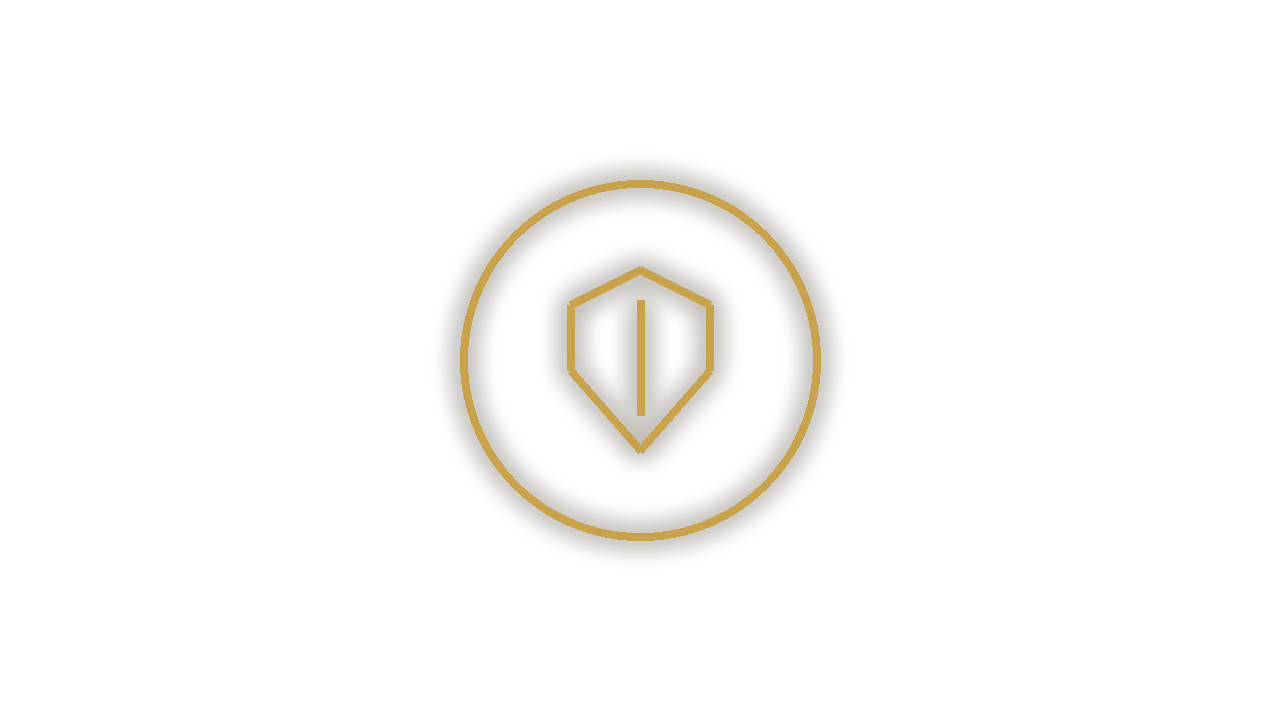 Golden neon geometric logo with a circle and a shield shape inside, set against a black background.