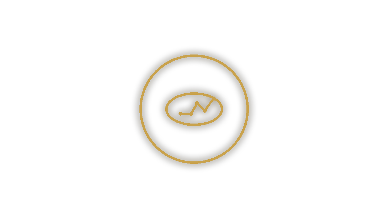 A glowing gold icon of a circle with an internal smaller circle containing an upward trending line graph on a black background.