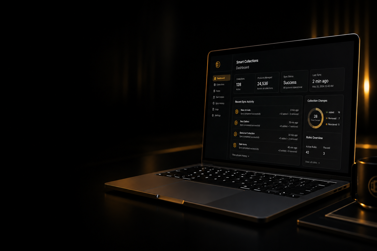 Open laptop on a dark surface displaying a dashboard for 'Smart Collections' with various statistics and recent activity, illuminated softly with a warm glow.