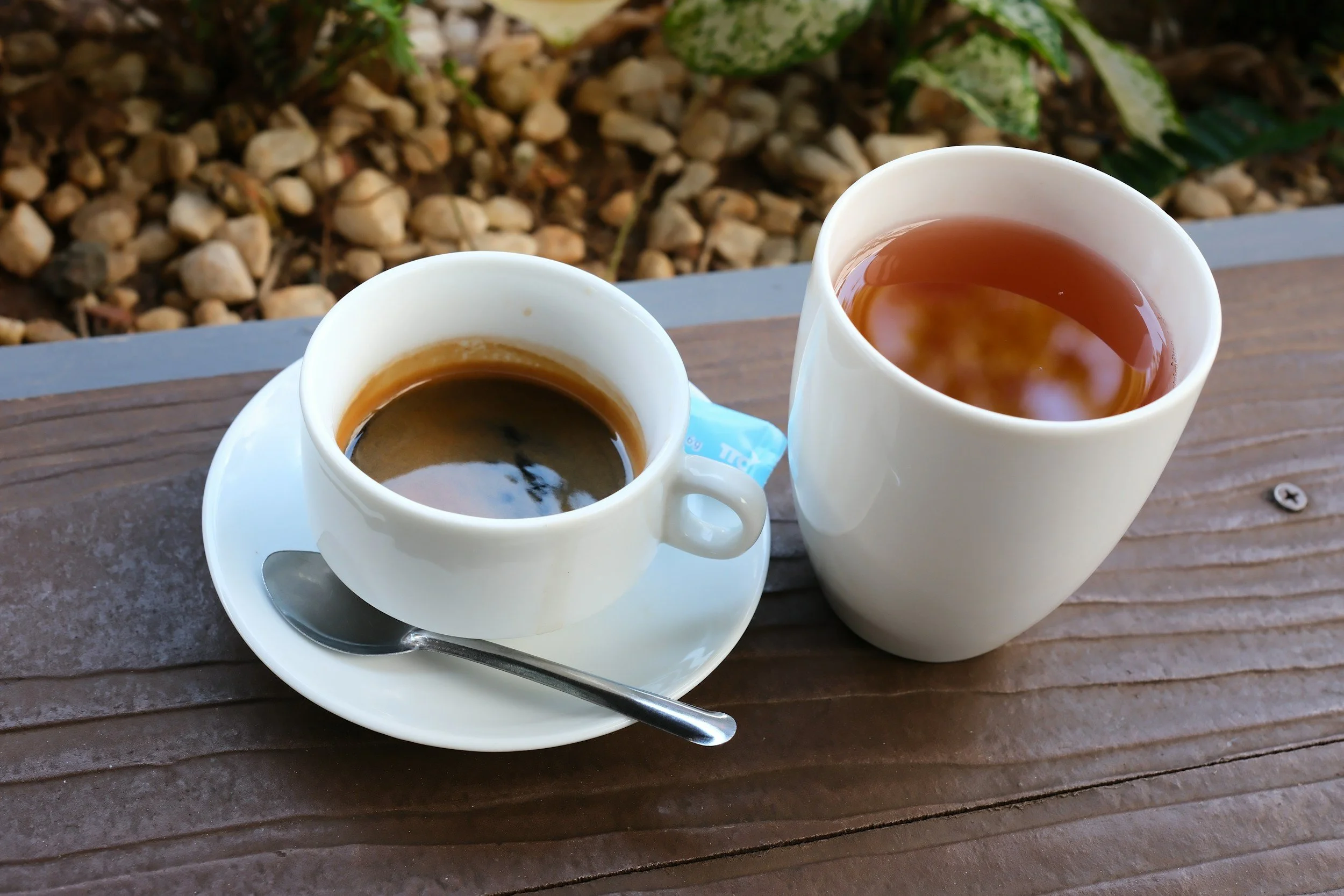 Two white ceramic cups filled with coffee on white saucers, placed on a wooden surface, with a garden background of small rocks and green plants.