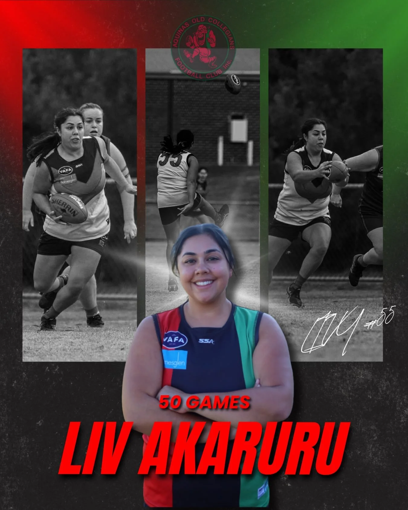 Congratulations Liv on 50 games. Starting your footy career as a back pocket in the reserves to playing your 50th game as our own dynamic Wizard in the forward line in our Grand Final team. 

We are so lucky to have you as a Blood

💚❤️🖤