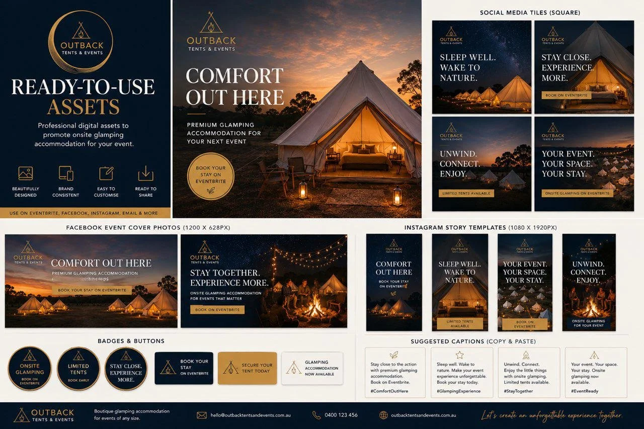 A digital design collage for Outback Tents & Events promoting outdoor glamping accommodations and event assets. Includes images of tents at sunset and night, with text overlays about comfort, connection, and event planning. Features social media templates, badges, buttons, and captions.