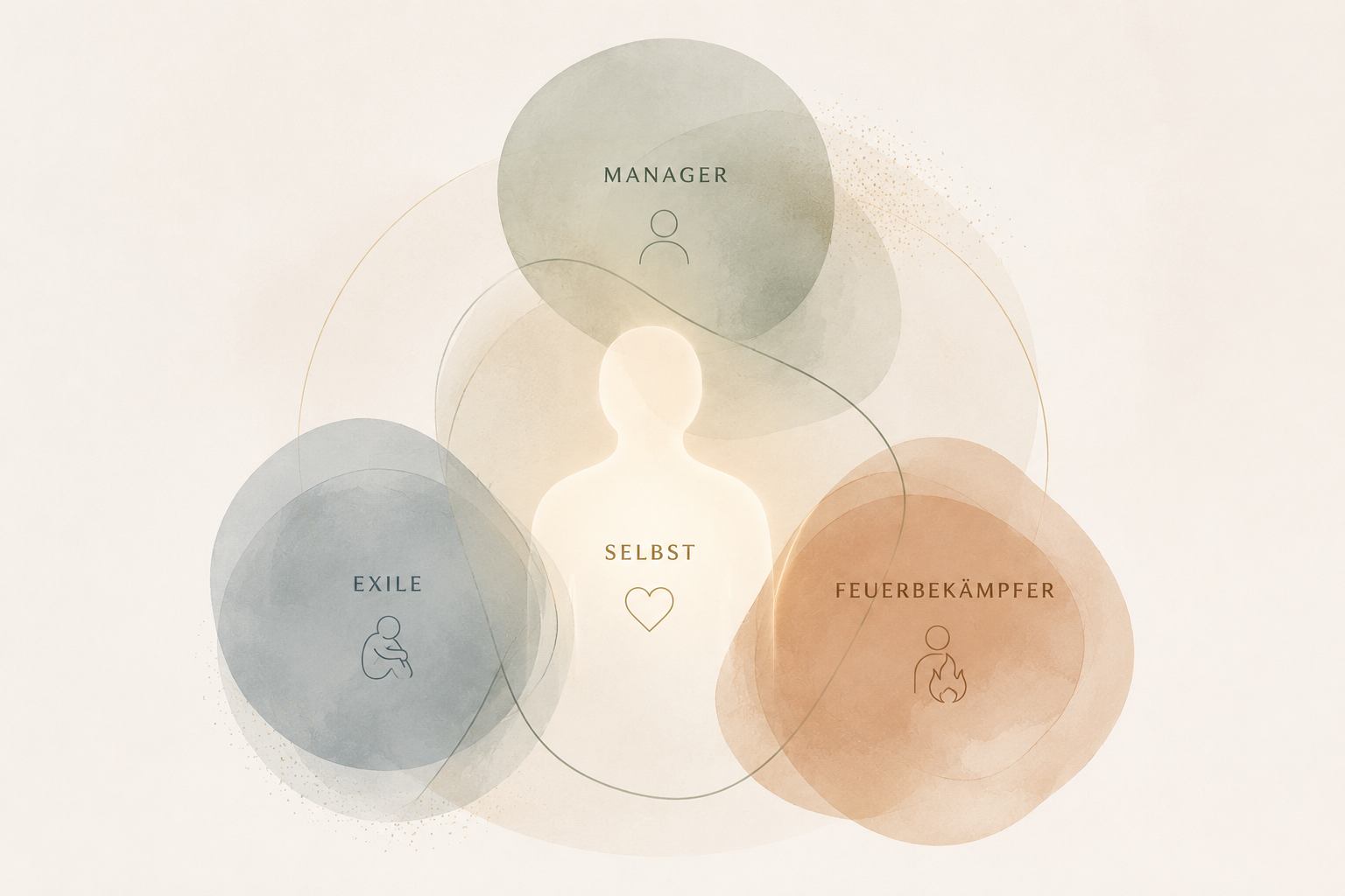 Abstrakte Illustration mit einer menschlichen Silhouette in der Mitte, umgeben von drei Kreisen mit den Begriffen "Manager", "Exile" und "Feuerbekämpfer".