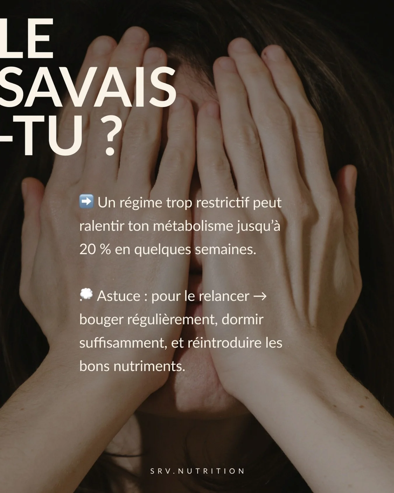 C&rsquo;est une des premi&egrave;res choses que je dis : un r&eacute;gime trop restrictif, &ccedil;a se retourne toujours contre toi.

Ton corps est plus intelligent que tu ne crois. Trop peu de calories, et il passe en mode survie &mdash; m&eacute;t