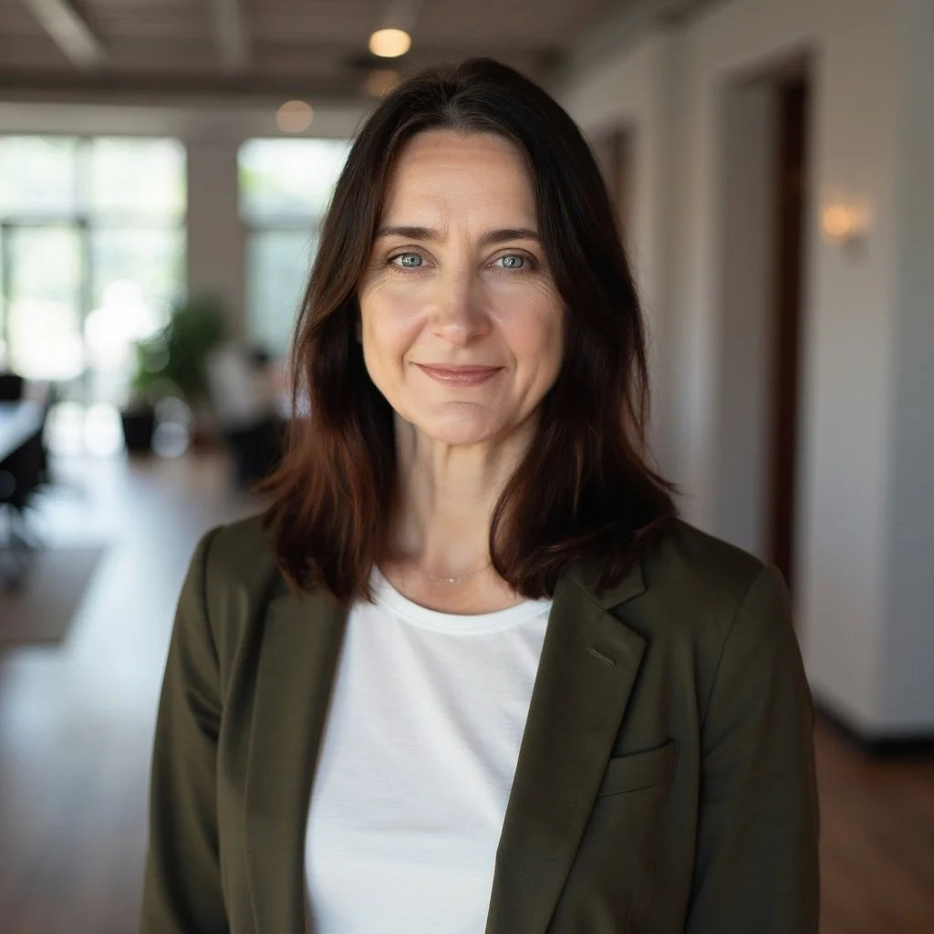 A woman with shoulder-length dark brown hair and blue eyes, wearing a white top and an olive green blazer, standing indoors in a well-lit modern office space with glass windows in the background.