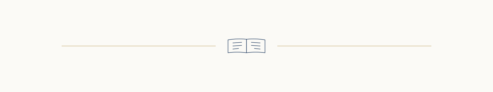 A simple line drawing of an open book centered with two horizontal lines on either side, on a white background.
