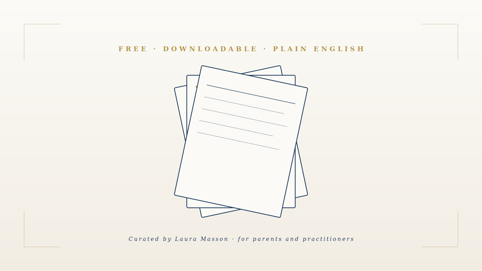 A website design for printable sheets with lines, featuring minimalist line art of stacked papers and text indicating free, downloadable, plain English content curated for parents and practitioners.