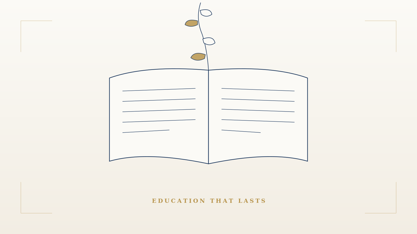 Minimalist graphic of an open book with a plant growing from it, featuring leaves in white and gold, with text below reading 'Education That Lasts'