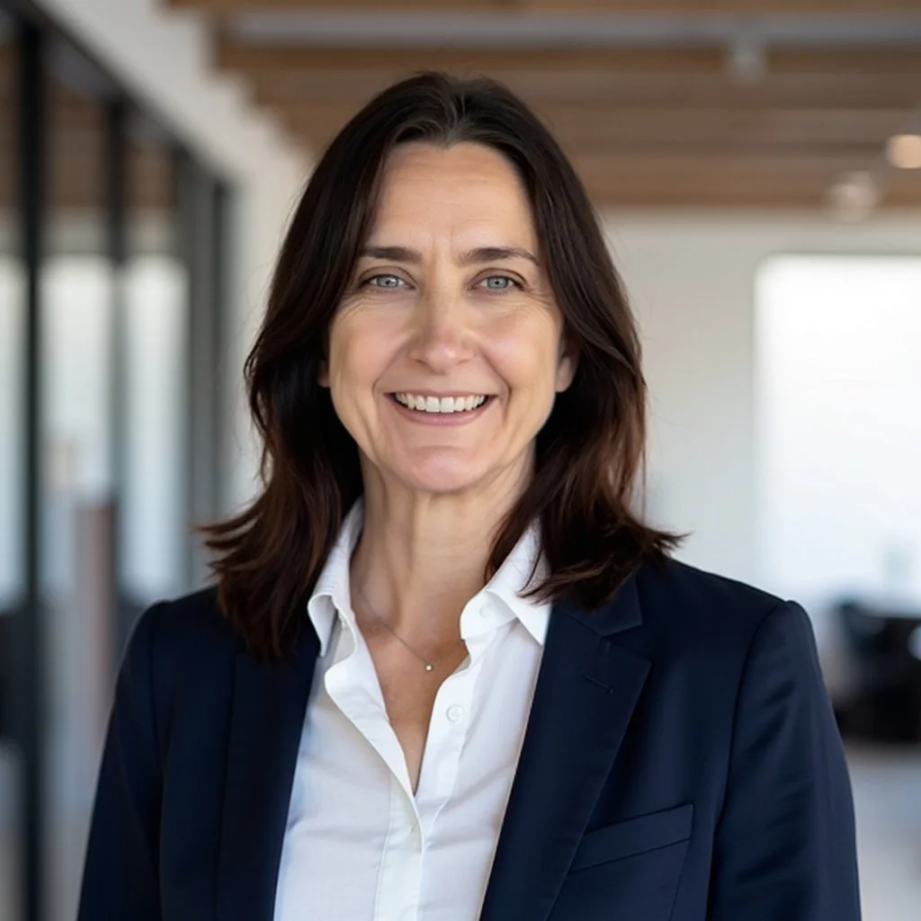A smiling woman with shoulder-length brown hair, wearing a white shirt and dark blazer, standing in a modern office with large windows.