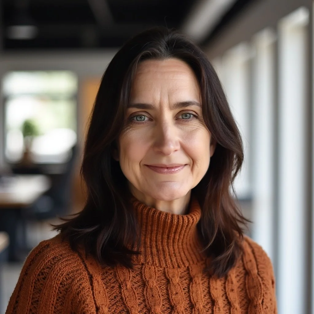 Portrait of a woman with dark brown hair and blue eyes, wearing a brown turtleneck sweater, smiling in a bright indoor setting.