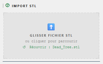 Page d'importation STL avec bouton pour glisser ou cliquer pour parcourir un fichier STL.