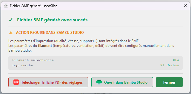 Capture d'écran d'un logiciel de création 3D montrant un message de succès pour la génération d'un fichier, avec options pour ouvrir dans Bambu Studio ou fermer, et un bouton pour télécharger une fiche PDF de réglages.