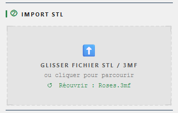 Écran d'importation de fichier STL ou 3MF avec bouton de téléchargement et lien pour ouvrir le fichier Roses.3mf