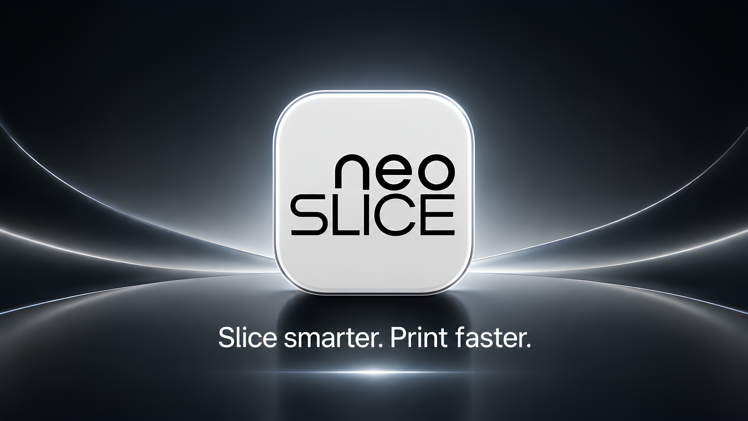 Logo de Neo Slice avec le texte "neo SLICE" en noir sur fond blanc lumineux, fond sombre avec des lignes lumineuses courbes, slogan "Slice smarter. Print faster." en bas.