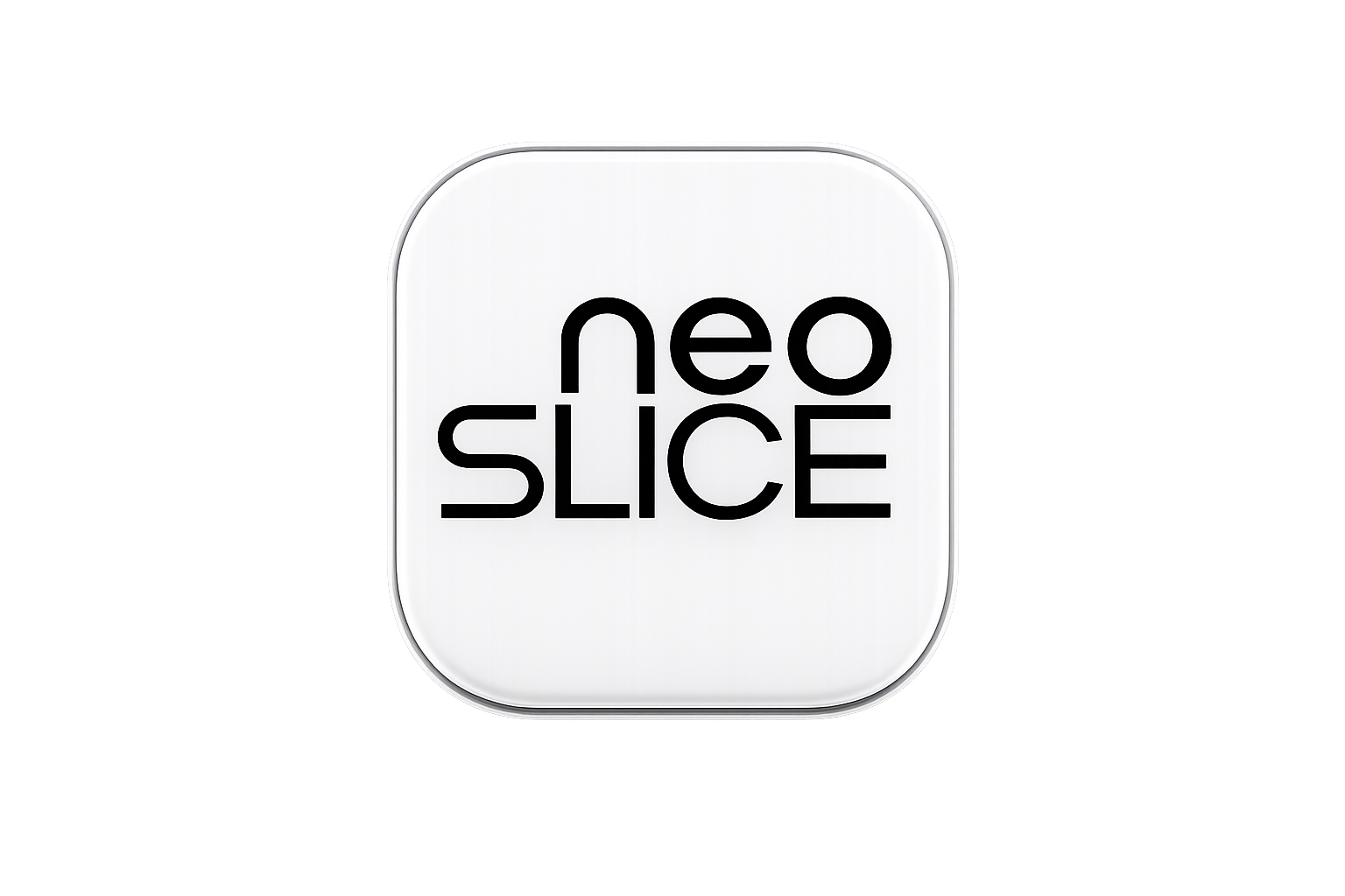 Logo lumineux avec l'inscription 'neo SLICE' sur un fond noir.
