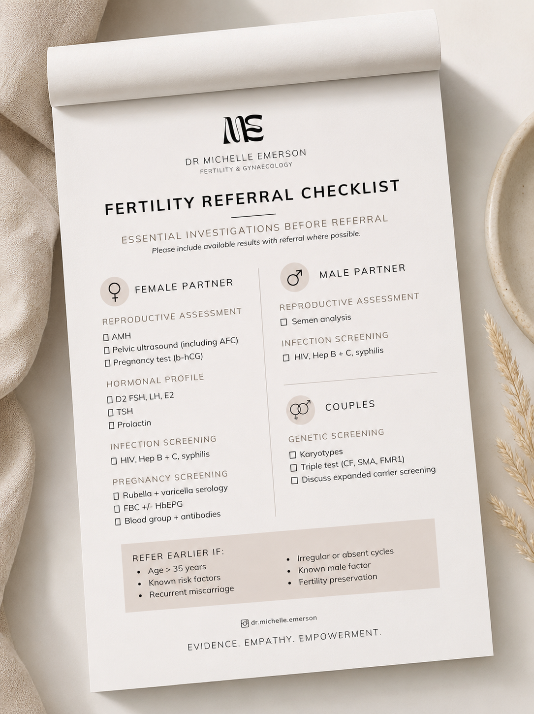 Fertility referral checklist form from Dr. Michelle Emerson, including assessments and screenings for female partners, male partners, and couples, with sections on reproductive, hormonal, infection, pregnancy, and genetic screenings.
