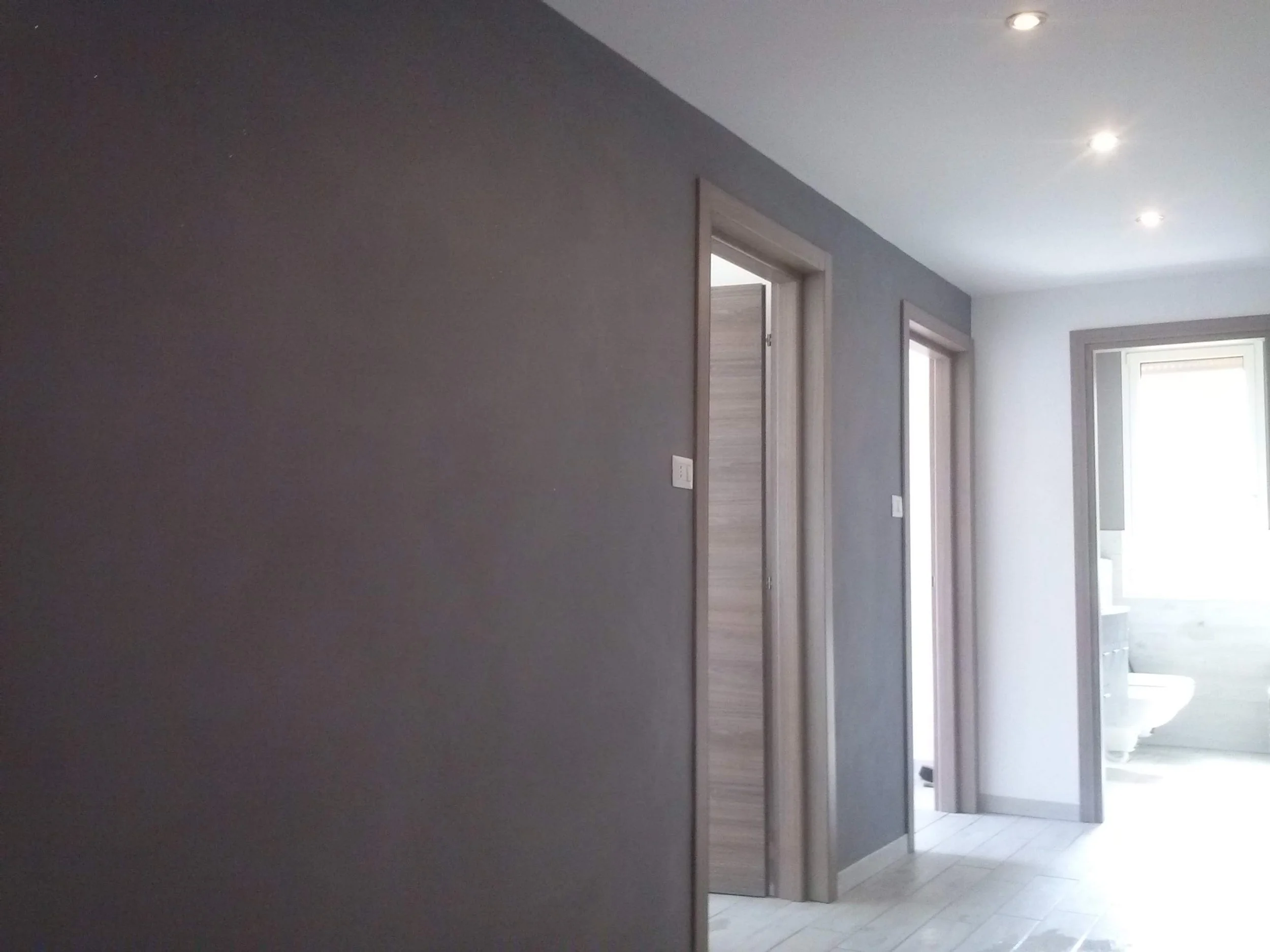 A hallway with gray walls, a partially open door framed with wood, and a large window letting in natural light. The ceiling has recessed lighting fixtures.