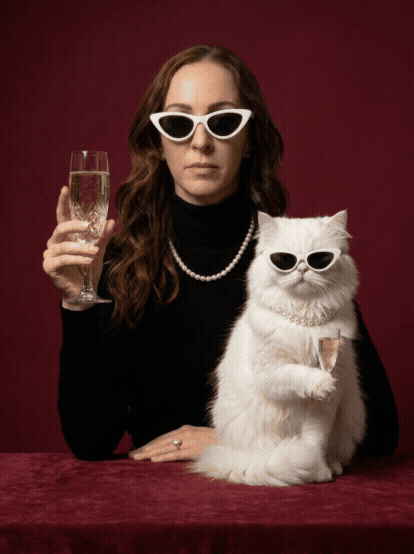 A woman with long brown hair wearing white cat-eye sunglasses, a black top, and a pearl necklace, holding a champagne glass, sitting at a table with a white fluffy cat wearing similar sunglasses and holding a glass of champagne, against a dark red background.