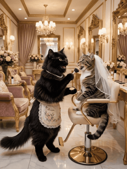 Two cats dressed as bride and groom in a luxurious wedding setting