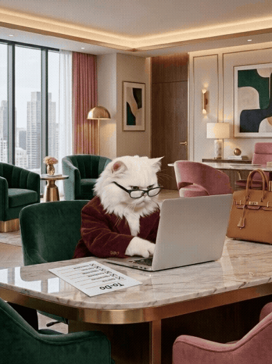 A white dog wearing black glasses working on a laptop at a marble dining table in a modern, well-lit apartment with city views.
