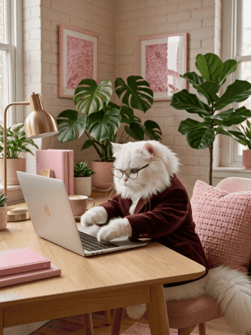 A white cat wearing glasses working on a laptop at a wooden desk in a cozy pink and green decor room.