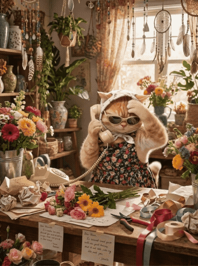 A cat wearing sunglasses and a floral dress is holding an old-fashioned telephone receiver to its ear in a flower-filled room with a window in the background.