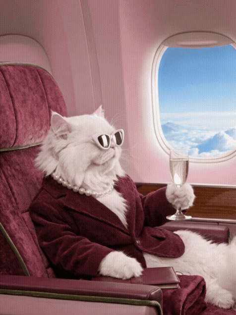 A white cat wearing sunglasses, a pearl necklace, and a burgundy suit jacket, sitting in an airplane seat and holding a glass of champagne with clouds visible outside the window.