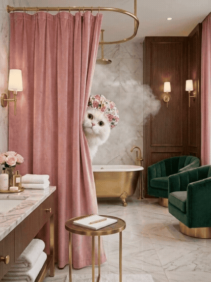 A luxurious bathroom with pink curtains, a clawfoot bathtub, and two green armchairs. There is a surprised-looking white cat with a floral shower cap peeking out from behind the curtains.