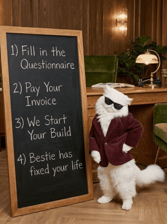 A white dog dressed in a maroon blazer, sunglasses, and a white hat, standing next to a chalkboard with a four-step plan written on it in a cozy, wood-paneled room.