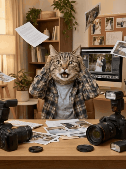 A person with a cat's head, wearing a plaid shirt, sitting at a cluttered desk with cameras and printed photos, in a room with a bookshelf, potted plants, and a computer displaying a wedding photo.