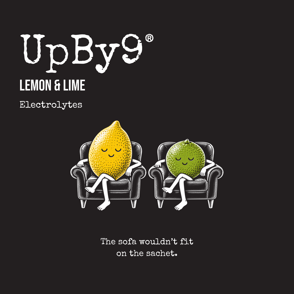 UpBy9 Lemon & Lime carton: a lemon and a lime relaxing in armchairs. The sofa wouldn’t fit on the sachet.