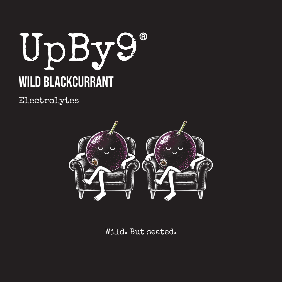 UpBy9 Wild Blackcurrant carton: two blackcurrants relaxing in armchairs. Wild. But seated.
