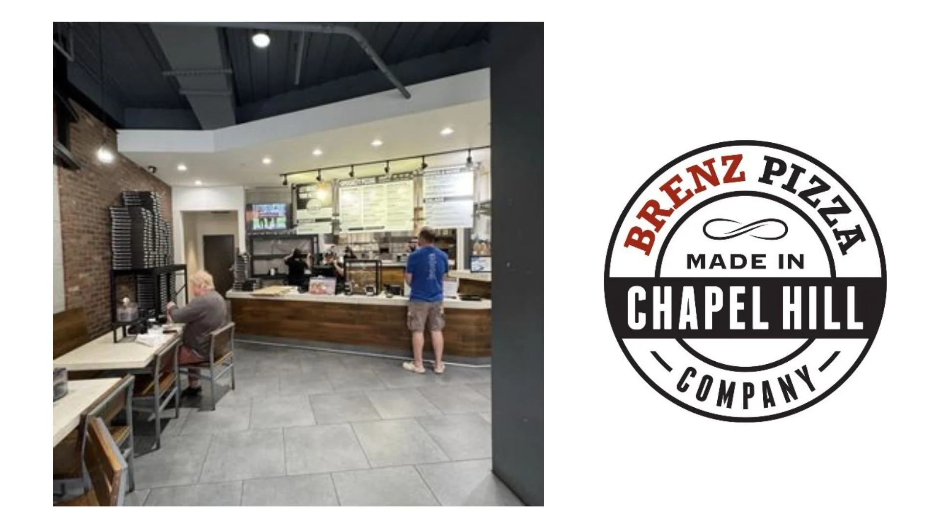 Interior of a pizzeria with a wooden counter, menu boards, and seating area. A person in a blue shirt is placing an order. Brenz Pizza Company Chapel Hill logo in red and black letters.