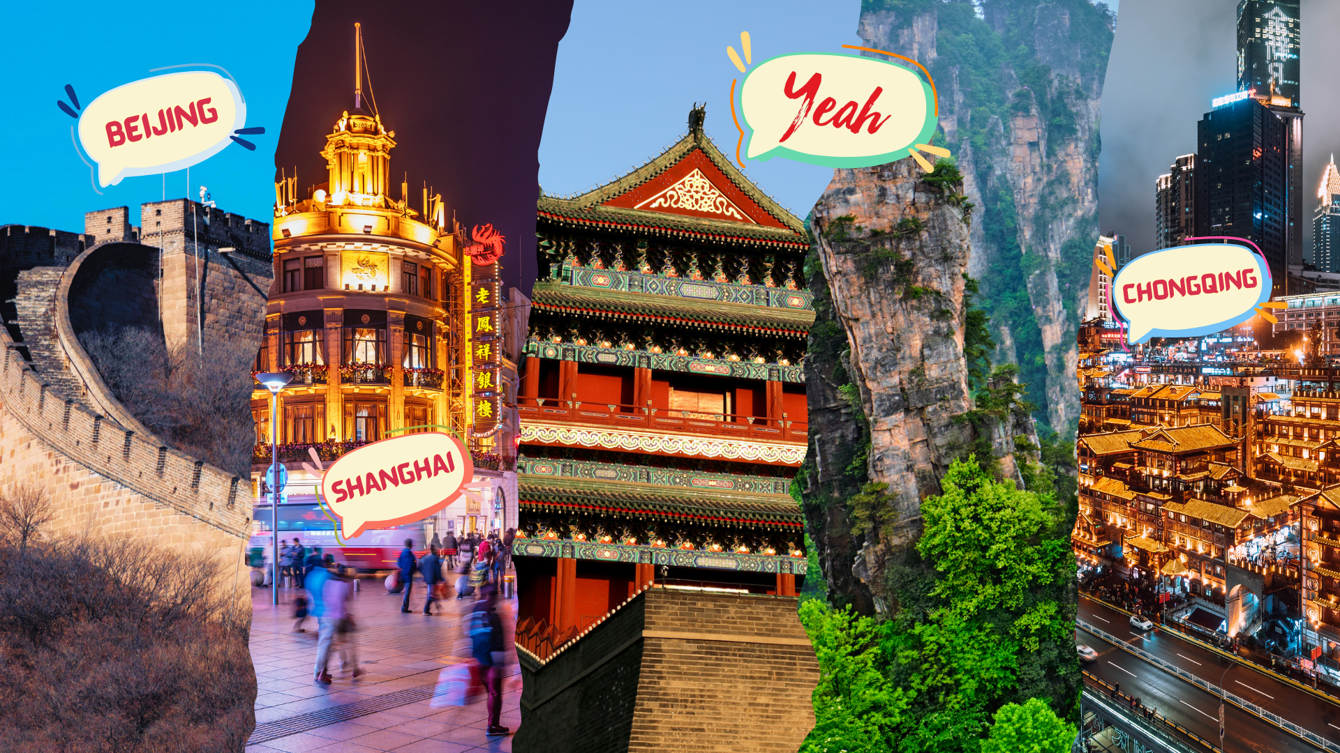 a collage of pictures, featuring landmarks and iconic locations from beijin, shanghai, chengdu, chongqing, and xian