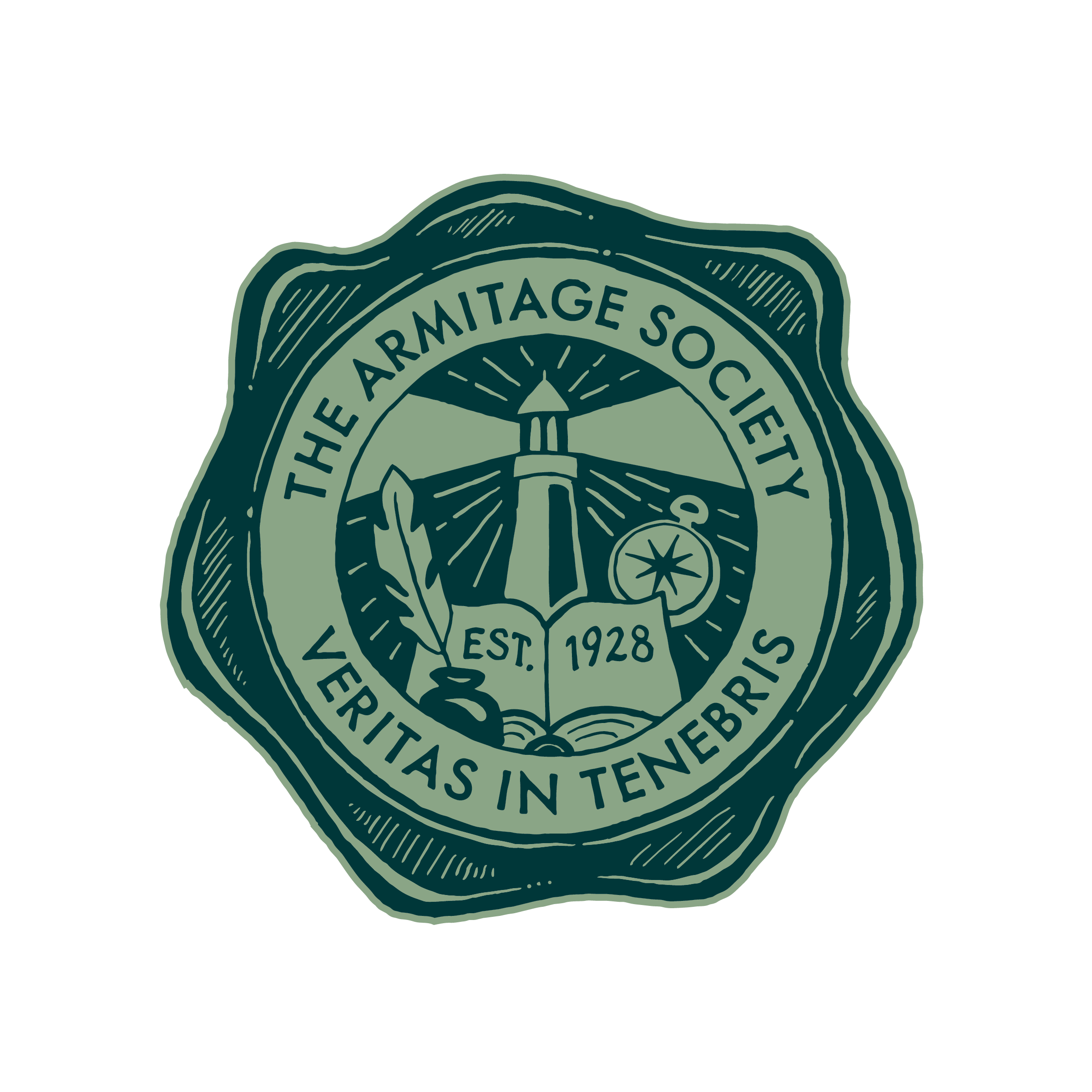 A wax seal with a central lighthouse with a compass and inkwell on either side, surrounded by the text 'THE ARMISTAGE SOCIETY' and 'EST. 1928'.