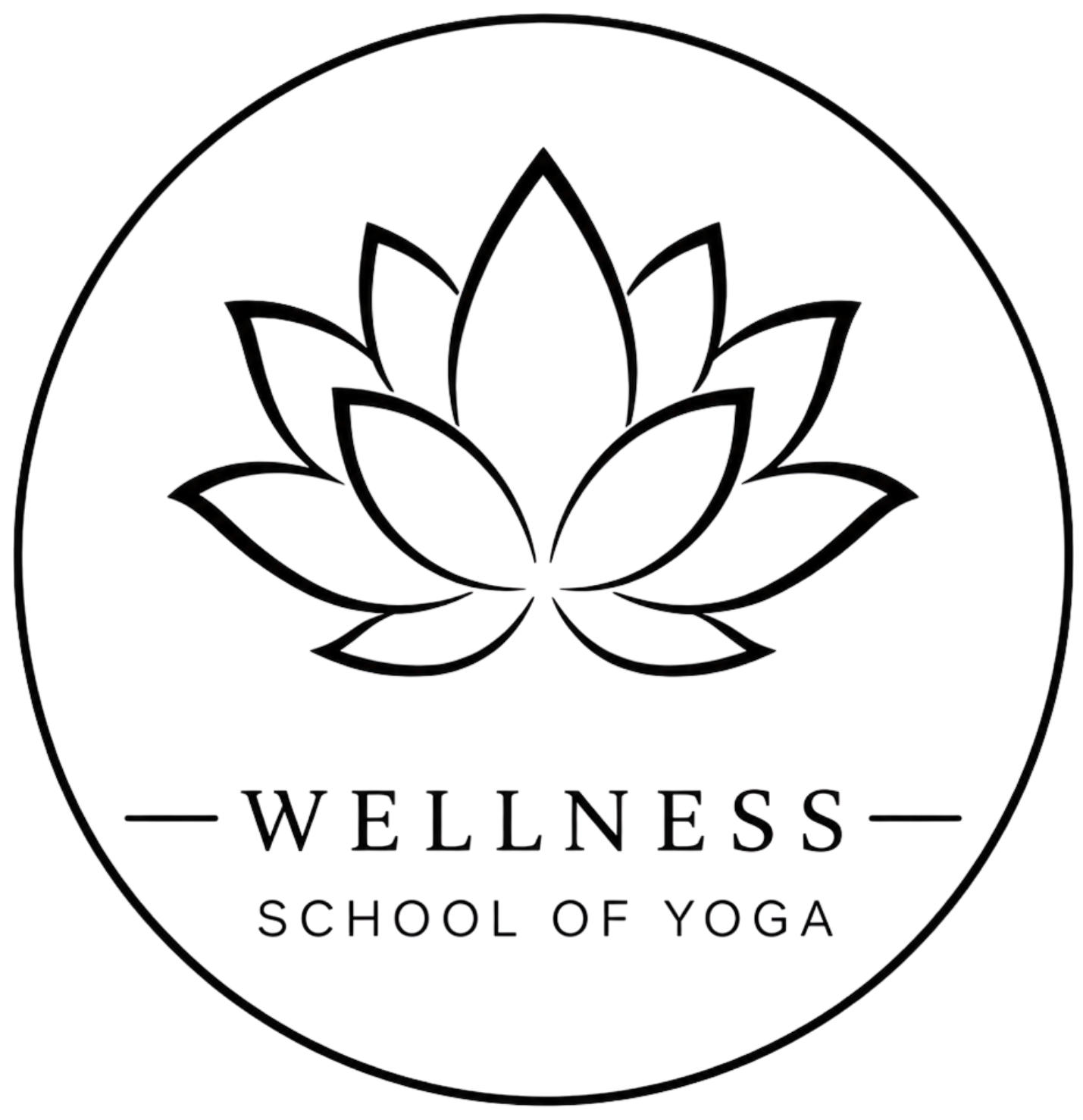 A black circular logo featuring a stylized lotus flower with the text 'Wellness School of Yoga' underneath.