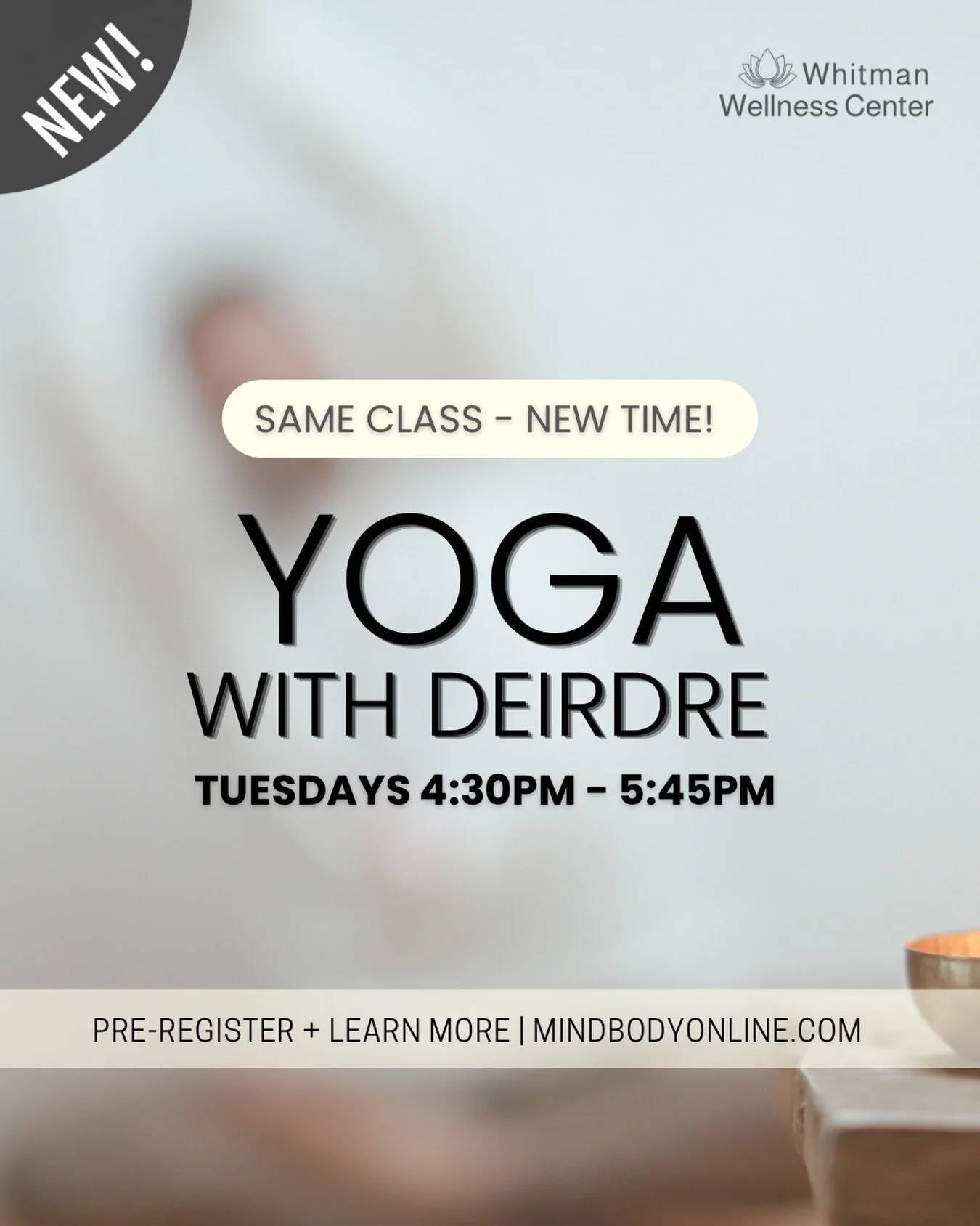 Enjoy the same weekly Tuesday class you know and love, but a bit earlier, and now 75 minutes! Join Deirdre each Tuesday evening from 4:30 to 5:45 PM. 

Check out all of our weekly classes, we are here seven days a week!

HAVING TROUBLE WITH THE WEBSI