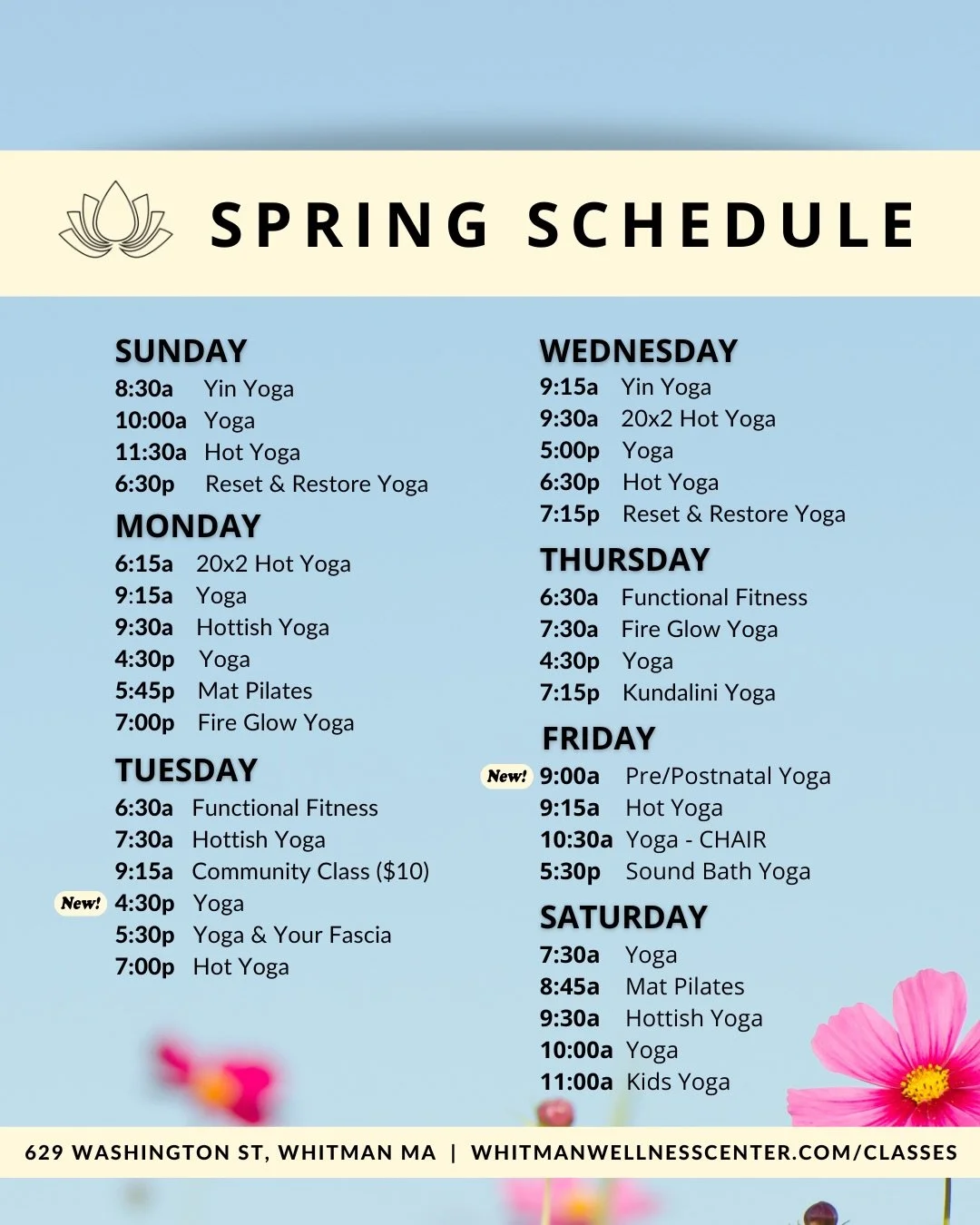 NEW additions at Whitman Wellness Center!

Deirdre&rsquo;s weekly Tuesday evening class has moved to an earlier slot at 4:30 PM - (plus, this class is now 75 minutes!!) 
And a brand new 60 minute class on Friday mornings - Pre/Postnatal Yoga with Mar