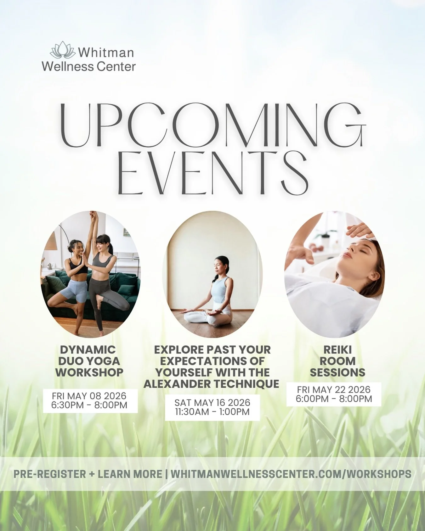 At Whitman Wellness Center, we always have something new going on! Join us TONIGHT for the dynamic duo Yoga workshop in honor of Mothers Day! Come with anyone you love. There are still spots left and energy is high!

⚠️ Having website troubles? It&rs