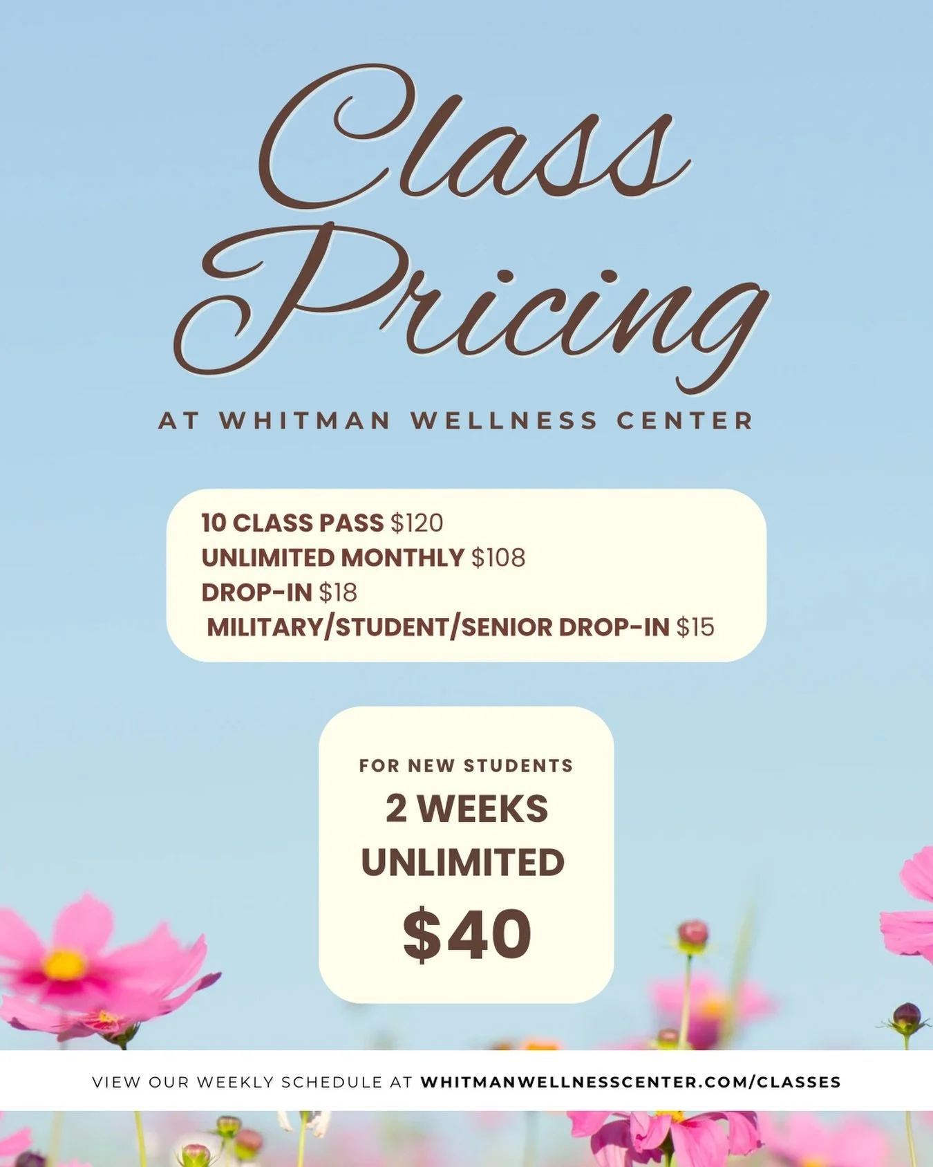 With over 30+ classes weekly, we have so many ways for you to be a part of our community! Choose what feels best for you and join us at Whitman Wellness Center for a practice seven days a week! 

Pssst&hellip; announcement coming soon: We&rsquo;re im