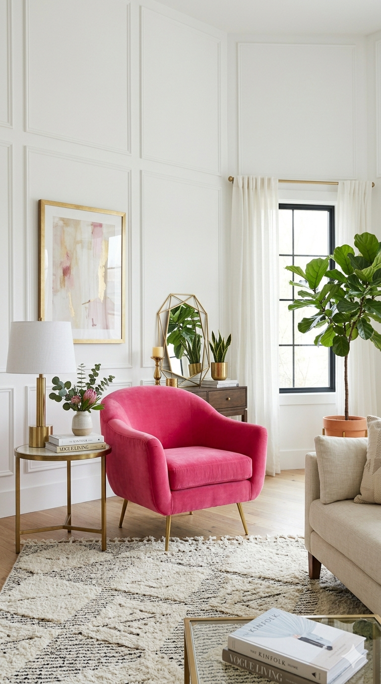 Living room corner with a pink armchair, white side table with lamp and plant, wooden sideboard with plants and mirror, window with white curtains, beige armchair, and a patterned rug.