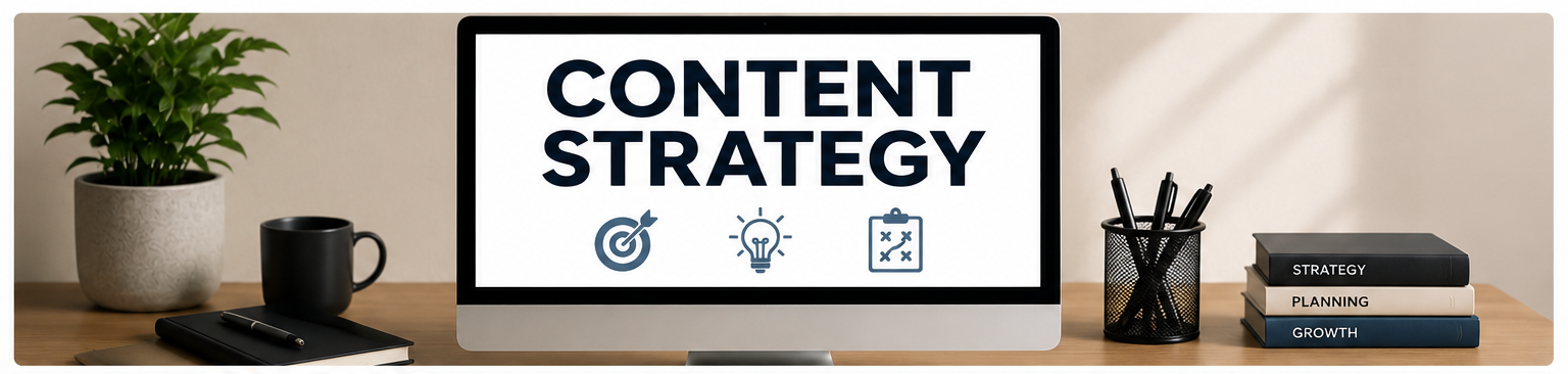 Desktop computer with a display showing 'Content Strategy' and icons, a potted plant, a black mug, a closed notebook with a pen, a pen holder with pens, and three books titled 'Strategy,' 'Planning,' and 'Growth' on a wooden desk.