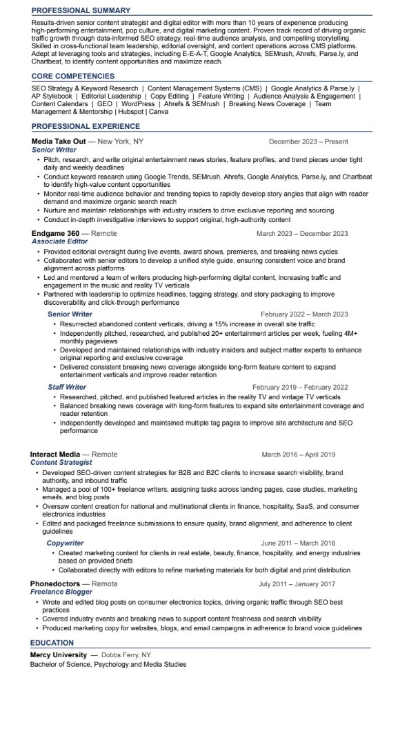 A detailed professional resume highlighting experience in media and content creation, including roles as Senior Writer, Associate Editor, Content Strategist, Copywriter, and Freelance Blogger, with education from Mercy University.