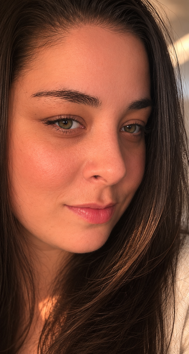 Close-up of a woman with long dark hair and hazel eyes, looking at the camera with a slight smile.