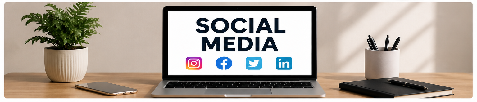 A wooden desk with a potted plant on the left, a smartphone, a laptop displaying 'Social Media' and icons for Instagram, Facebook, Twitter, and LinkedIn, a cup holding pens, and a closed notebook with a pen on top.