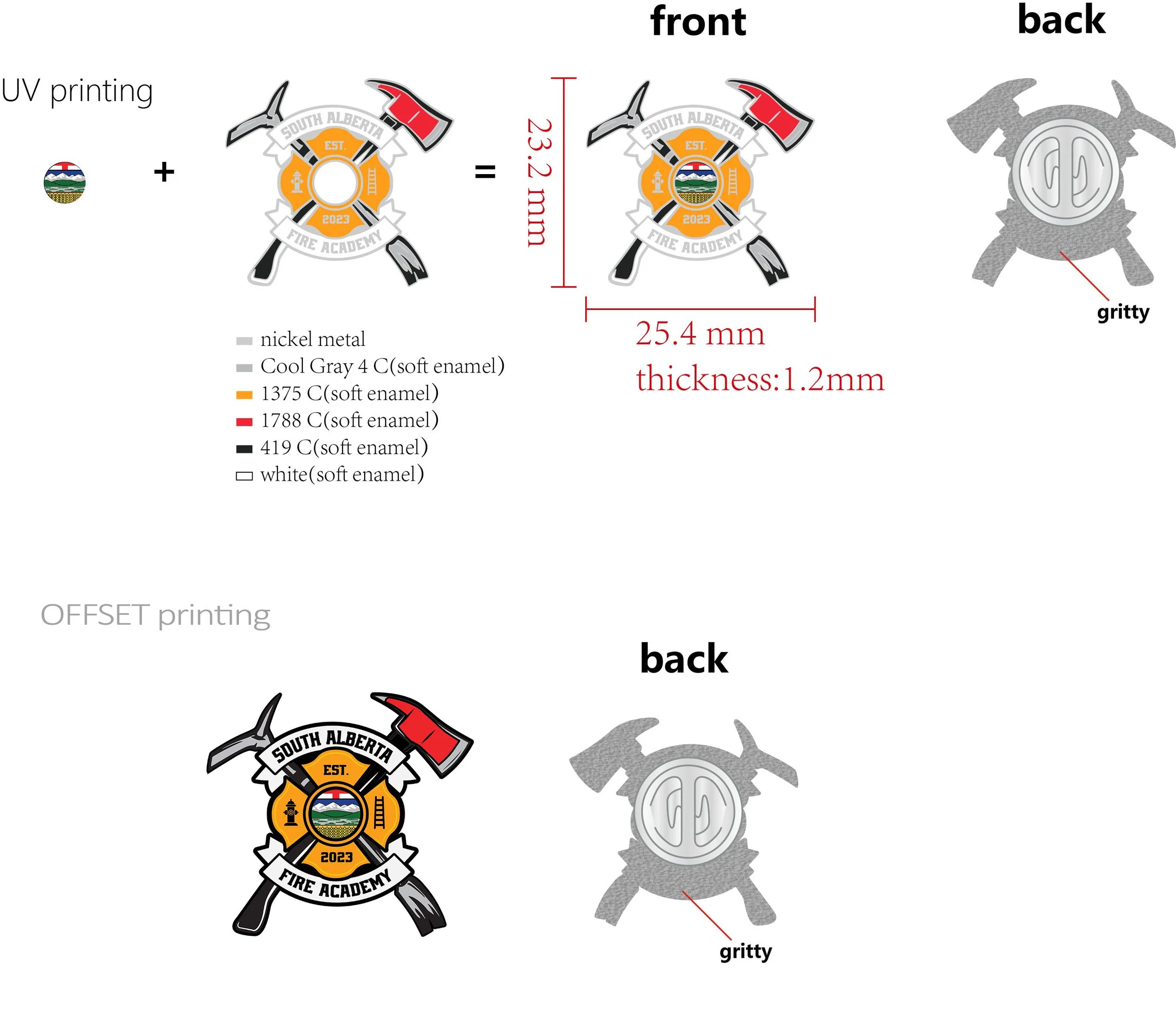 Image showing front and back views of an embroidered patch design for South Alberta Fire Academy 2023. The patch includes a badge with firefighting tools, a flag, and mountains. The back view reveals a gritty texture.